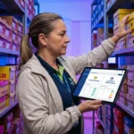 Gestora organizando caixas e conferindo o estoque de duas lojas em um tablet no estoque de uma loja de calçados