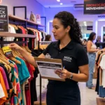 Gestora conferindo etiquetas de preço em uma arara de loja de roupas durante a preparação para a Black Friday
