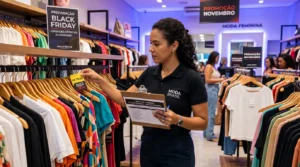Gestora conferindo etiquetas de preço em uma arara de loja de roupas durante a preparação para a Black Friday