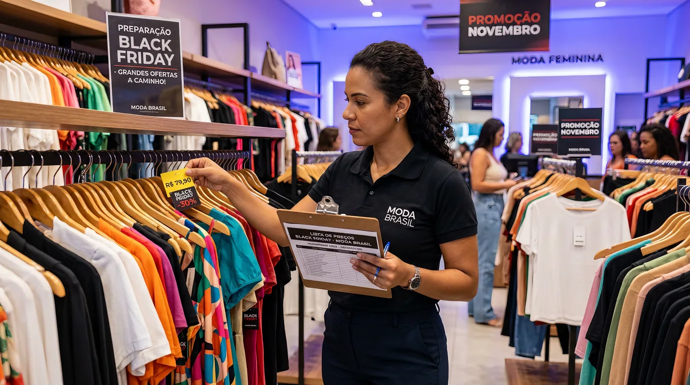 Gestora conferindo etiquetas de preço em uma arara de loja de roupas durante a preparação para a Black Friday