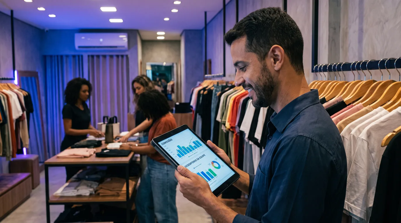 Gestor revisa em um tablet o desempenho da equipe ao lado de uma arara, cenário típico de quem define comissão de vendedor no varejo