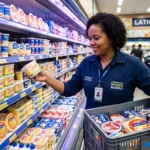 Gestora verificando a data de validade das embalagens na gôndola de laticínios de um mercado de bairro