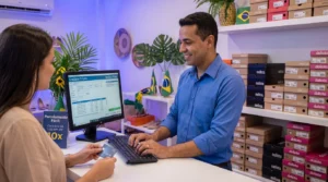 Gestor atende cliente no balcão da loja de calçados e registra no computador uma venda de crediário próprio no varejo