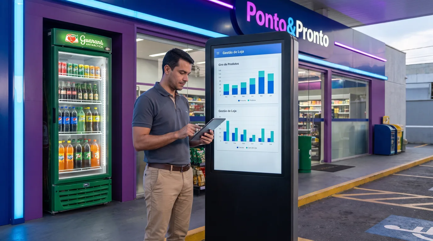 Gestor conferindo o giro de produtos em totem de autoatendimento na frente de uma loja de conveniência, ilustrando a gestão de loja de conveniência