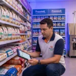 Gestor de pet shop conferindo o estoque de ração em um tablet, perto do balcão de banho e tosa, exemplo de gestão de pet shop integrada