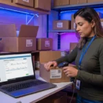 Gestora usa leitor de código de barras e notebook no estoque da papelaria durante a conferência de nota de entrada do fornecedor