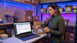 Gestora usa leitor de código de barras e notebook no estoque da papelaria durante a conferência de nota de entrada do fornecedor