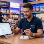 Gestor lendo comentários de clientes na tela de um tablet no balcão de um pet shop