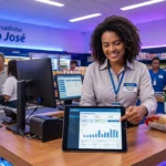 Gestora de mercado de bairro analisando preços de produtos em um tablet apoiado no balcão da frente de caixa