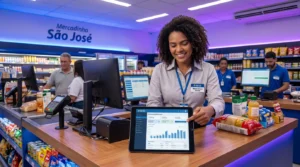 Gestora de mercado de bairro analisando preços de produtos em um tablet apoiado no balcão da frente de caixa