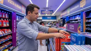 Gestor de papelaria reposicionando produtos na altura dos olhos em uma gôndola de material escolar