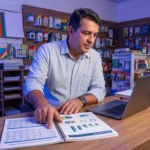Gestor comparando planilhas em um notebook sobre o balcão de uma papelaria para avaliar o custo de um sistema de gestão
