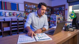 Gestor comparando planilhas em um notebook sobre o balcão de uma papelaria para avaliar o custo de um sistema de gestão