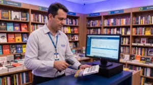 Gestor de livraria usando sistema para livraria ao ler o ISBN de um livro no balcão do caixa