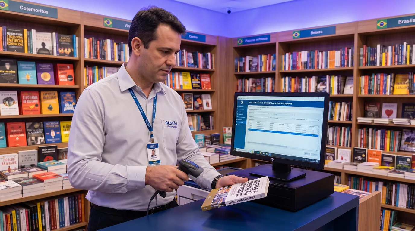 Gestor de livraria usando sistema para livraria ao ler o ISBN de um livro no balcão do caixa