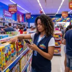 Gestora organiza prateleira de caixas em loja de brinquedos e confere o estoque no celular, rotina de quem usa sistema para loja de brinquedos