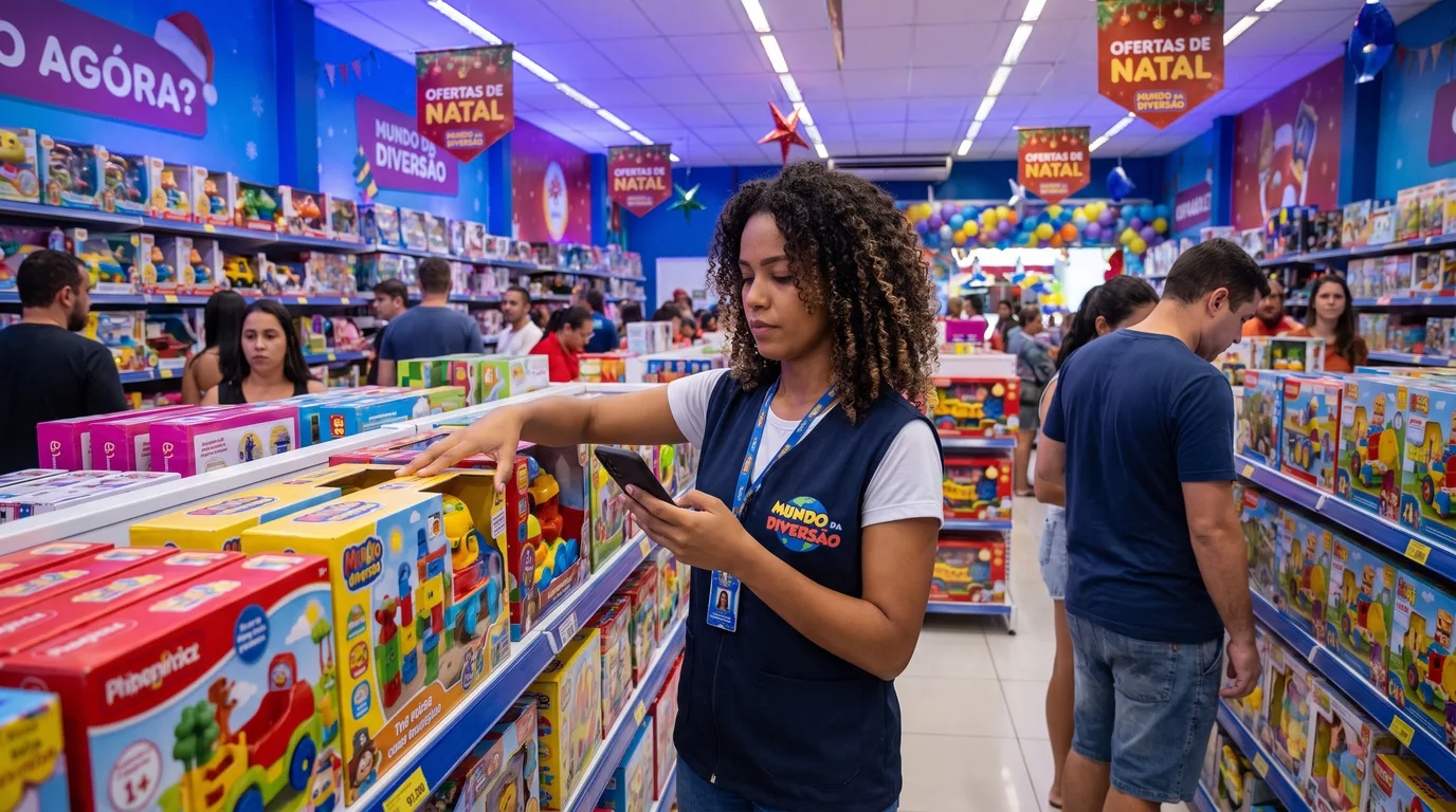 Gestora organiza prateleira de caixas em loja de brinquedos e confere o estoque no celular, rotina de quem usa sistema para loja de brinquedos