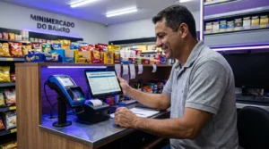 Gestor de minimercado confere o extrato de recebimentos em um tablet na frente de caixa, pensando no split payment no varejo