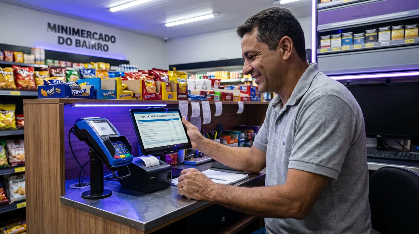 Gestor de minimercado confere o extrato de recebimentos em um tablet na frente de caixa, pensando no split payment no varejo