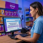 Gestora de pet shop conferindo o cadastro de produtos em um computador no balcão de atendimento